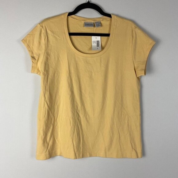 Chicos T Shirt Womens 2 US Large Yellow Short Sleeve Cotton Spandex Scoop Neck - Picture 1 of 9